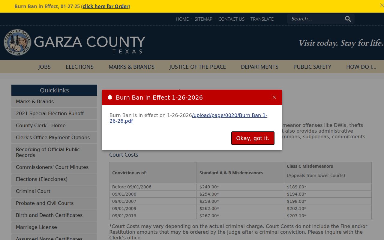 Garza County Criminal Court page describing misdemeanor and appeal records