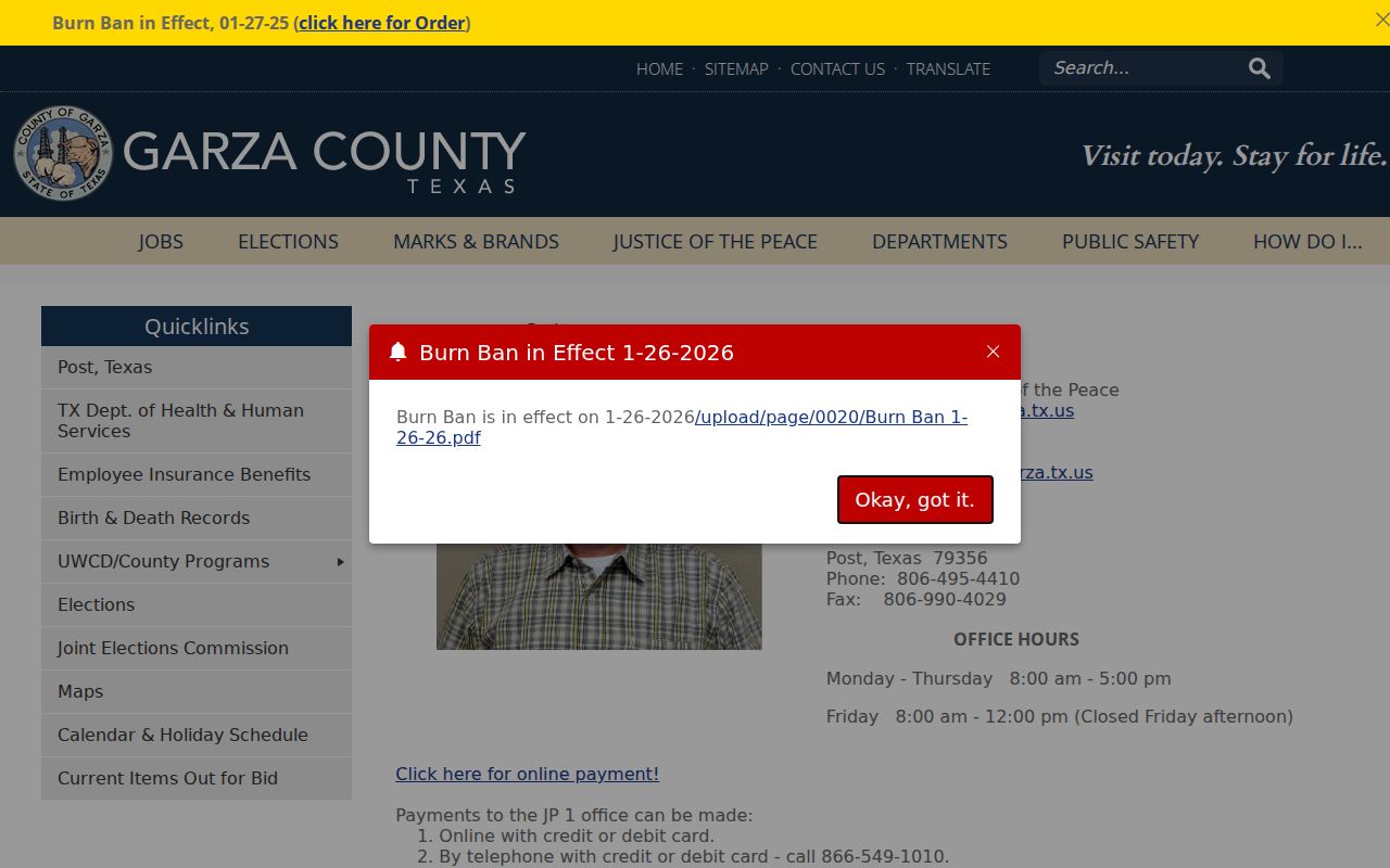 Garza County JP Precinct 1 contact page with hours and payment routes