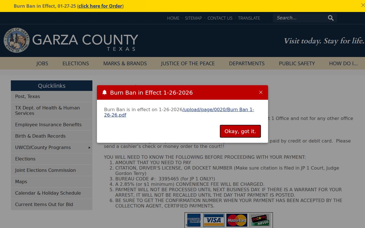 Garza County JP Precinct 1 payment page with its citation fields and bureau code