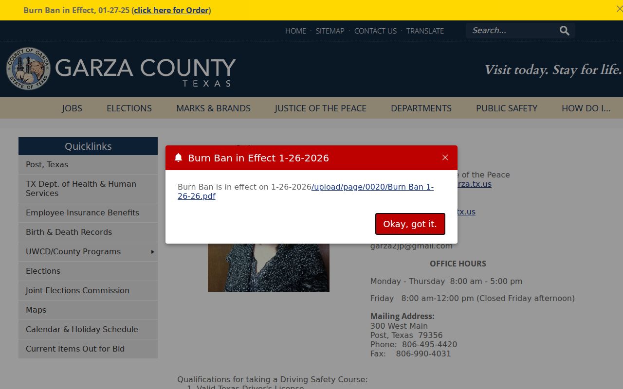Garza County JP Precinct 2 court page with clerk and office contact information