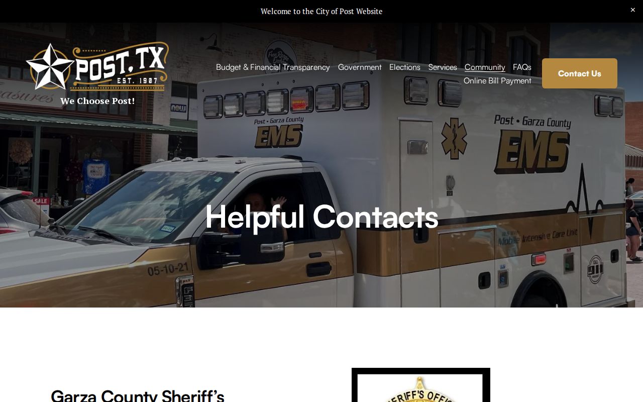 City of Post helpful contacts page with county Sheriff non-emergency routing