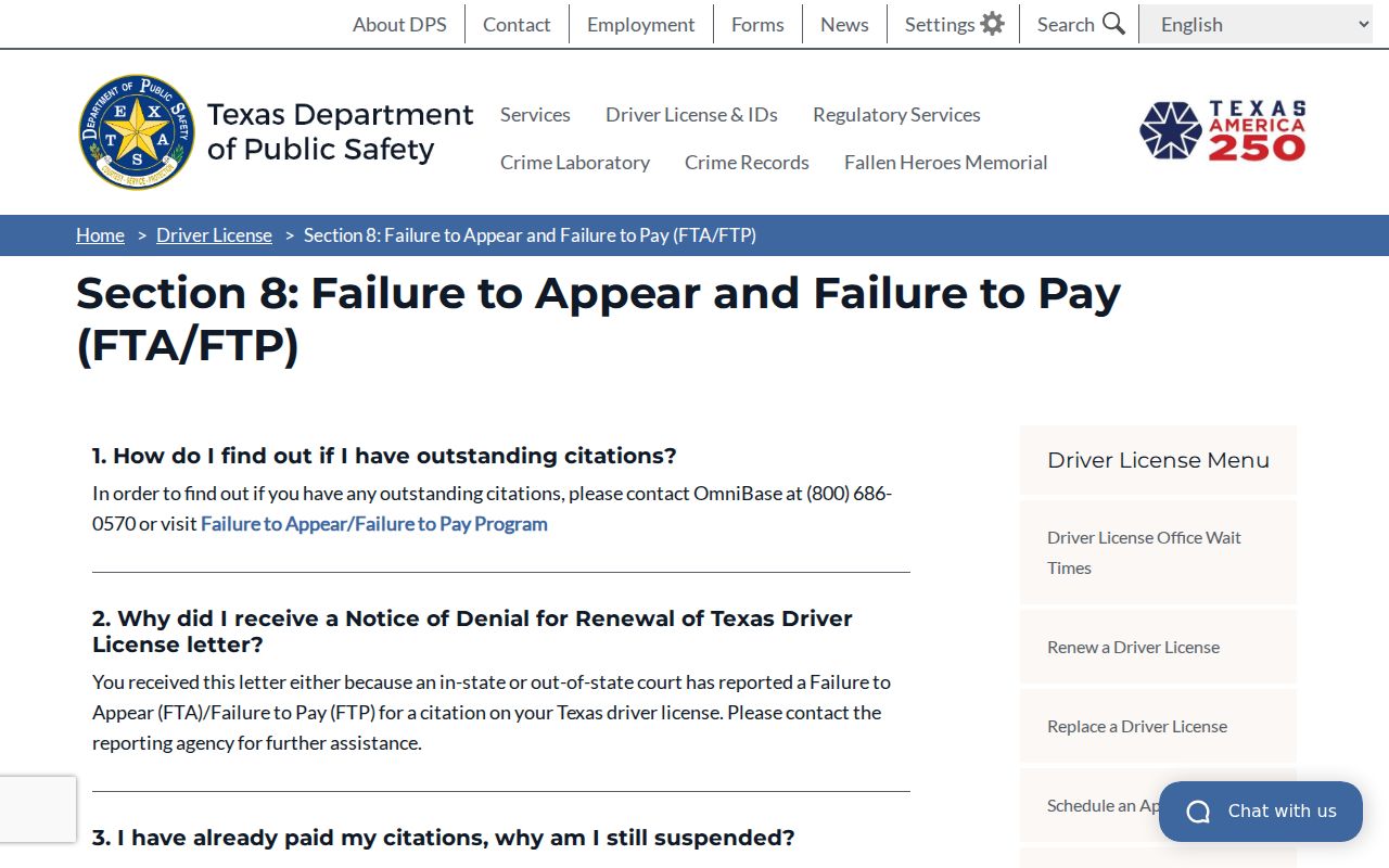 Texas DPS FAQ on reported FTA and citation clearance
