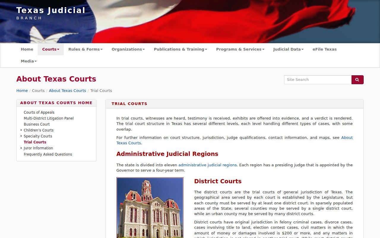 Texas court structure page describing district, county, justice, and municipal courts