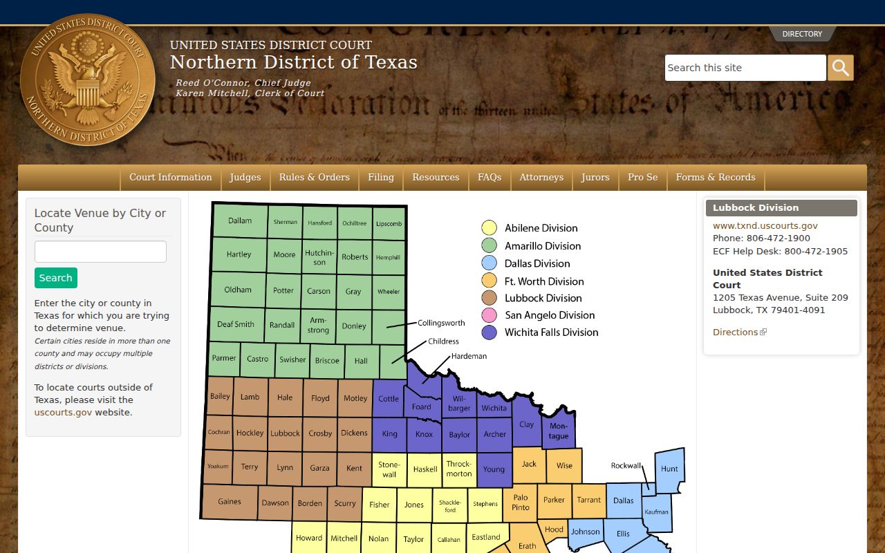 Official Northern District federal courthouse information for the Lubbock Division