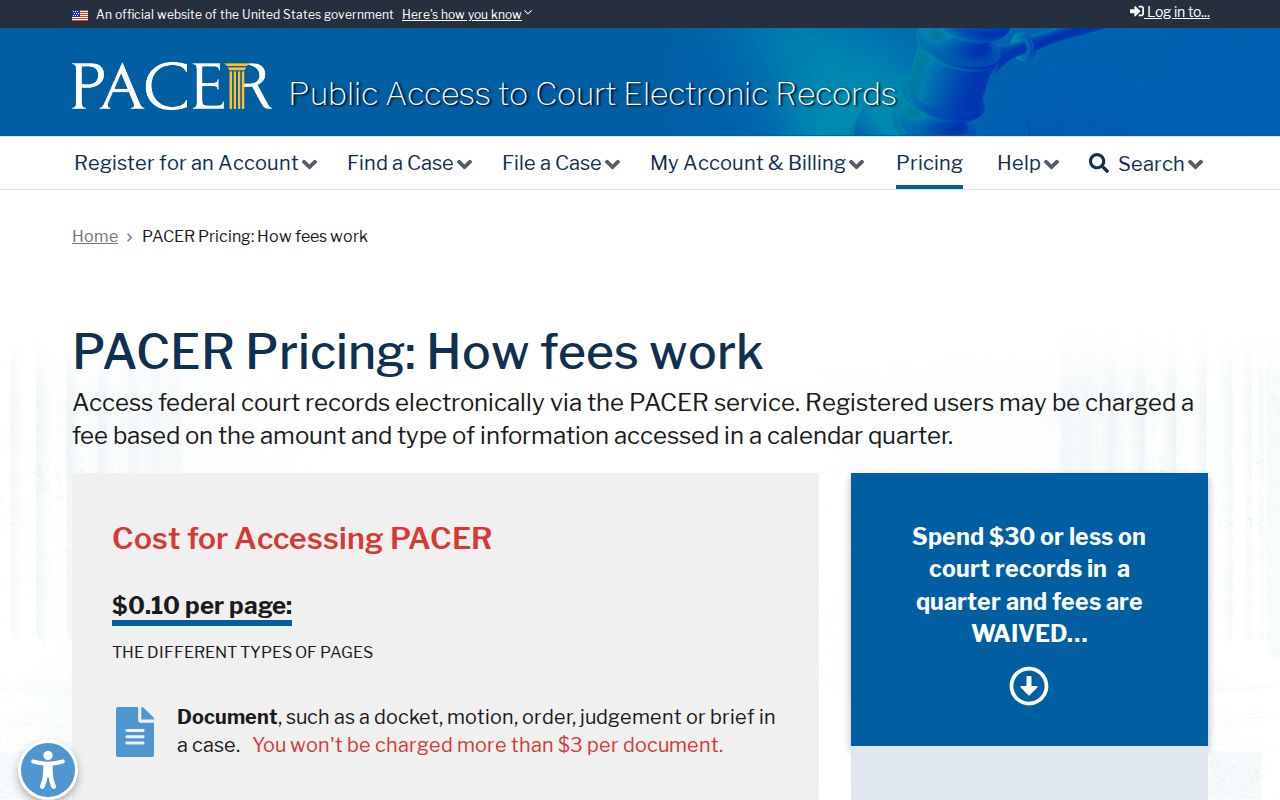 PACER page explaining federal court search and document fees