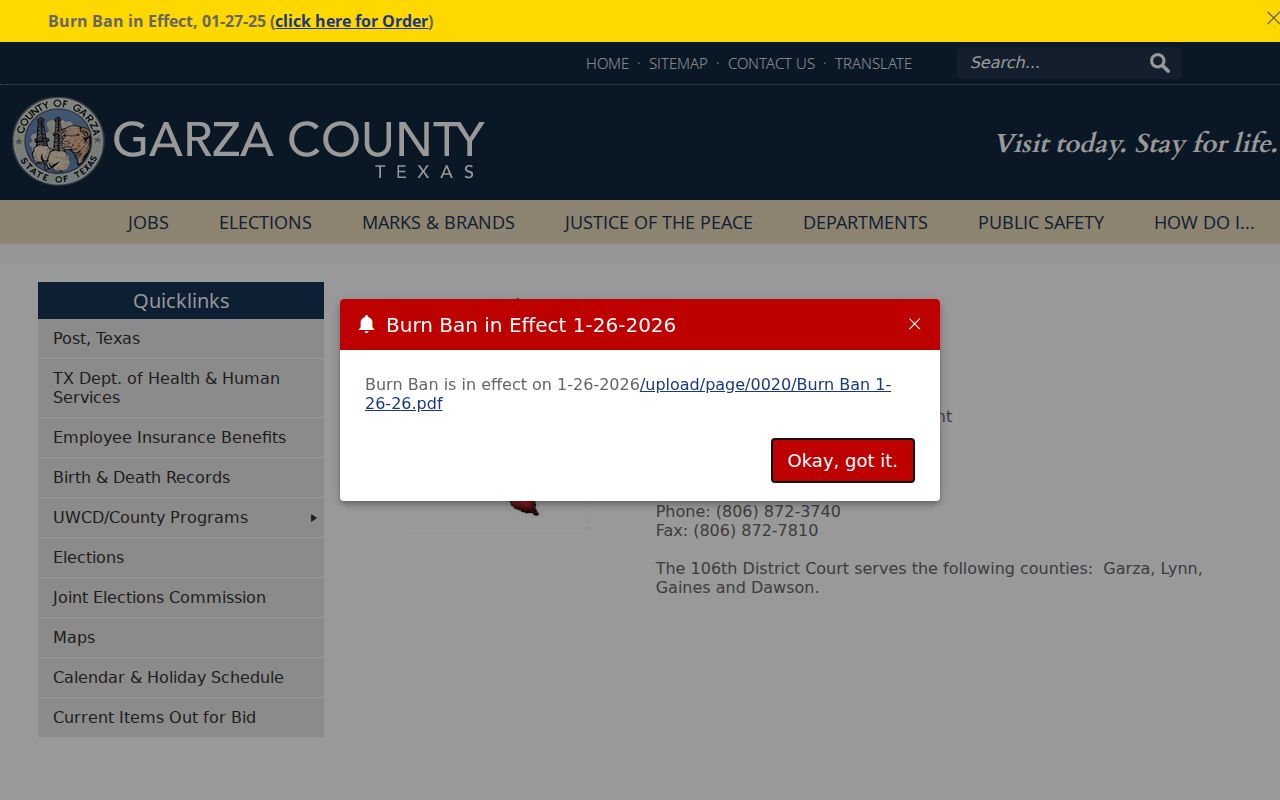 Garza County District Judge page showing the 106th Judicial District court information
