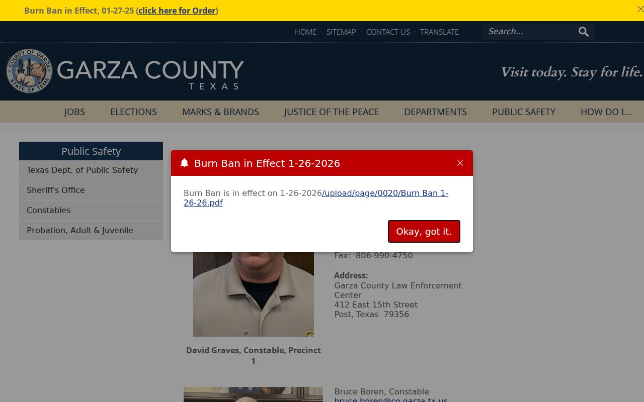 Garza County Constables page listing precinct law-enforcement contacts