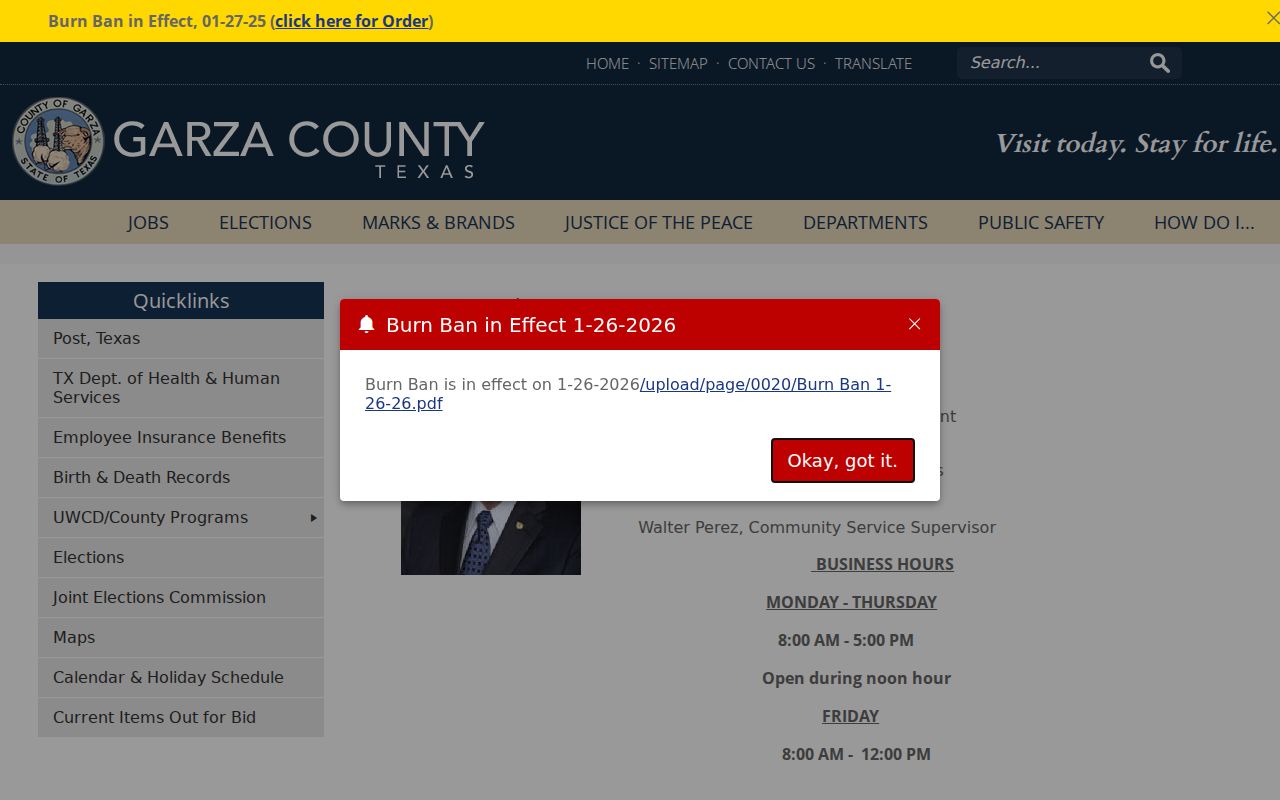 Garza County Judge office page with courthouse public-office contact details