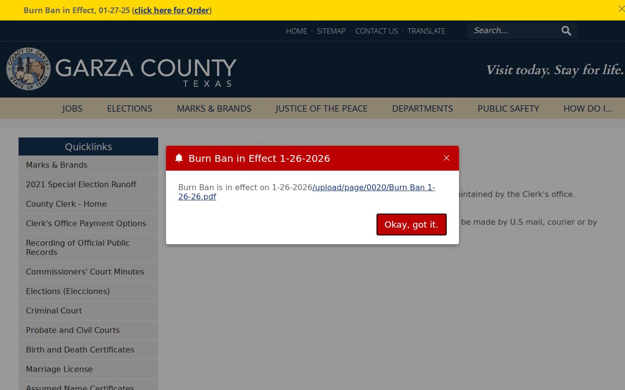 Garza County Clerk open-records page with email, mail, courier, and fax options