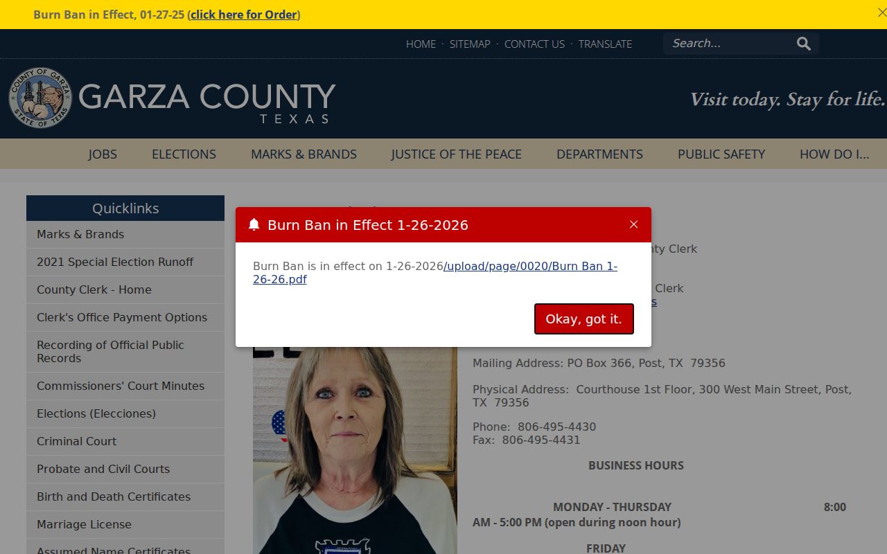 Garza County Clerk page with courthouse location and payment information