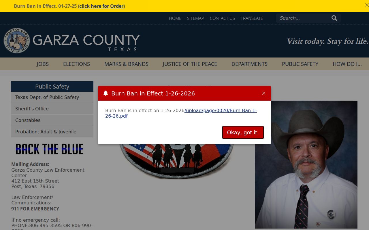 Garza County Sheriff contact page for the Law Enforcement Center and jail